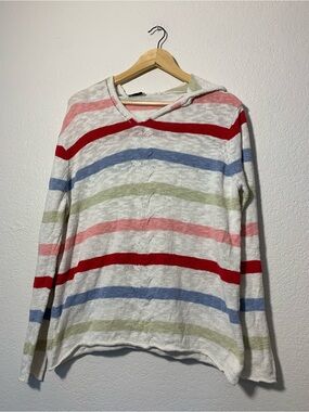 Coco Y Club 100% Cotton Striped Hooded Lightweight Knit Top in Multi-Color L